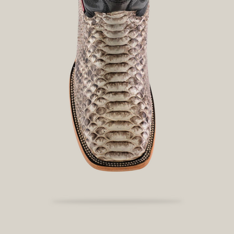 The Exotic Python - Natural - Square Toe is displayed against a plain background, highlighting its Western fashion appeal with a textured snake-patterned upper and a square toe.