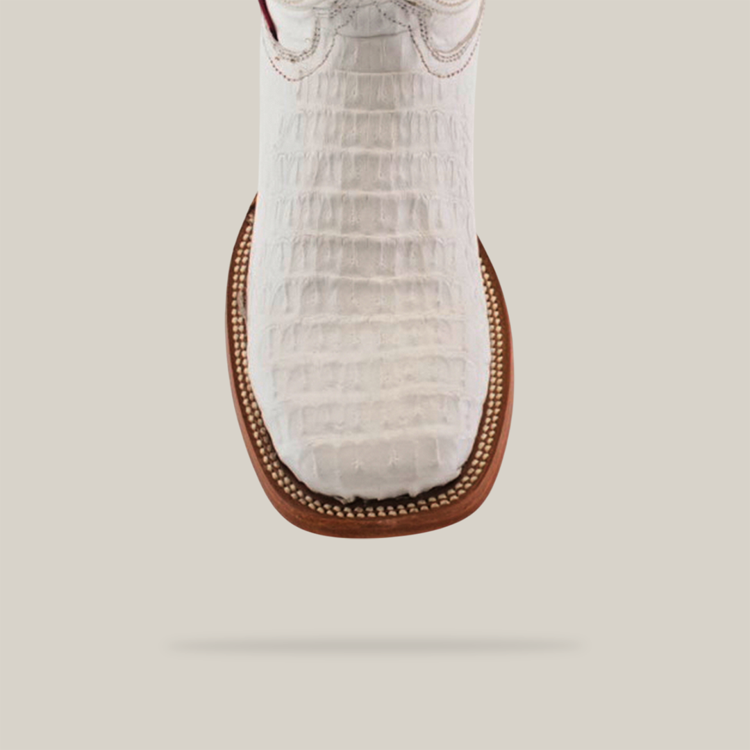 Top view of a single Exotic Caiman Horn Back boot in white, featuring a textured pattern, crafted with caiman leather and tan stitching around the square toe, set against a plain background.