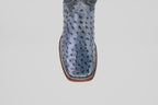 A close-up top view of the Exotic Full Quilt Ostrich boots in Safari Gray with a square toe and detailed stitching, displayed on a plain white background.