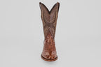 The Austin - Brown - Round Toe boot features intricate stitching on the upper shaft and a textured, glossy avestruz lower section in Kango Tabaco, displayed from the front on a plain white background.