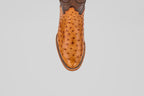 The Austin - Brandy - Roper Toe is a single tan and brown ostrich leather cowboy boot with a textured, spotted pattern, shown from above on a plain white background.