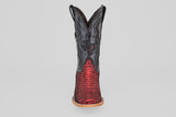 The Tanner – Scarlet – Square Toe is a western cowboy boot with a black upper and red python leather lower, detailed stitching, light brown sole, and square toe, shown from the front against a plain background.