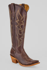 The Allison Dark Moka - Tall Shaft - Snip Toe cowboy boot features dark mocha leather, decorative light stitching, a pointed toe, and a wooden angled heel, shown against a plain light gray background.