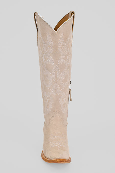The Allison Ivory - Tall Shaft - Snip Toe boot features a pointed snip toe, decorative white stitching, and a wooden sole—shown from the front against a plain background—a stylish pick for women's western boot lovers.