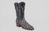 The Conor - Newspaper - Roper Toe is a unique boot with a black stitched upper, scaly pirarucu-style lower, and brown stacked heel—ideal for those seeking standout exotic roper toe boots.