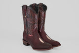 The Ranger – Wine – Round Toe men's cowboy boots feature dark red leather, decorative stitching, and a round toe. Shown against a light background, they add classic Western style to any outfit.
