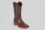 The Blaze – Brown – Square Toe Cowboy Boot features textured leather, decorative shaft stitching, a square toe, and a wooden heel, shown on a light gray background—ideal for classic western boot enthusiasts.