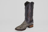 The Conor Platinum - Newspaper - Square Toe (Diamond) cowboy boot features a textured pirarucu-style lower, smooth dark upper with decorative stitching, and stands out as a stylish men’s western boot against a plain white background.