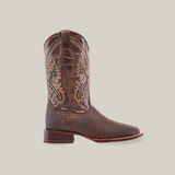 A single Cheyenne Chocolate - Square Toe leather cowboy boot, made from premium cowhide featuring intricate embroidery and a low heel, set against a plain white background.