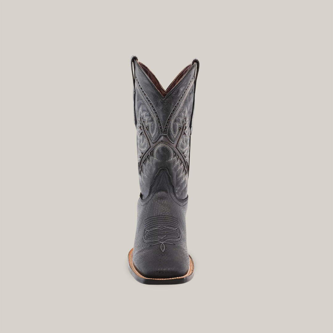 The Cheyenne Black - Square Toe boot, handcrafted from premium cowhide with intricate stitching, is centered against a plain white background, highlighting its front and toe.