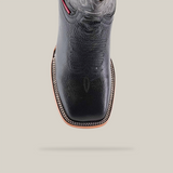 A top view of the Barcelona Black - Square Toe boot showcases intricate stitching and a stylish square toe. The white beaded edge along the sole complements the premium cowhide material, enhancing its detailed design.