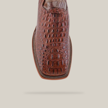 A detailed close-up of the Caiman Hornback Print Chocolate cowboy boot highlights its artisan-made square toe design with brown leather and white stitching, set against a plain white background.