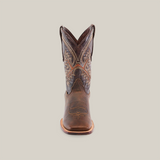 The Azkar Tan - Square Toe cowboy boot, made from premium cowhide leather, features intricate stitching and decorative patterns. Photographed on a plain white background, it beautifully displays the front and side details.