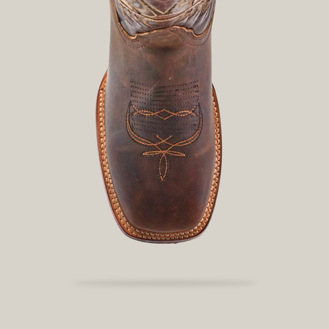 Top view of the Azkar Tan - Square Toe boot, crafted from premium cowhide leather with intricate stitching on a white background. It showcases a brown leather design with a square toe and visible sole stitching, reflecting artisanal excellence and craftsmanship.