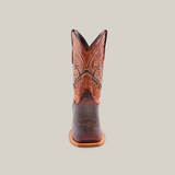 The Azkar Moka - Square Toe cowboy boot is crafted from cowhide leather, showcasing intricate stitching and a rich Azkar Moka color. Set against a plain white background, it features detailed patterns on the shaft and a slightly rounded toe.