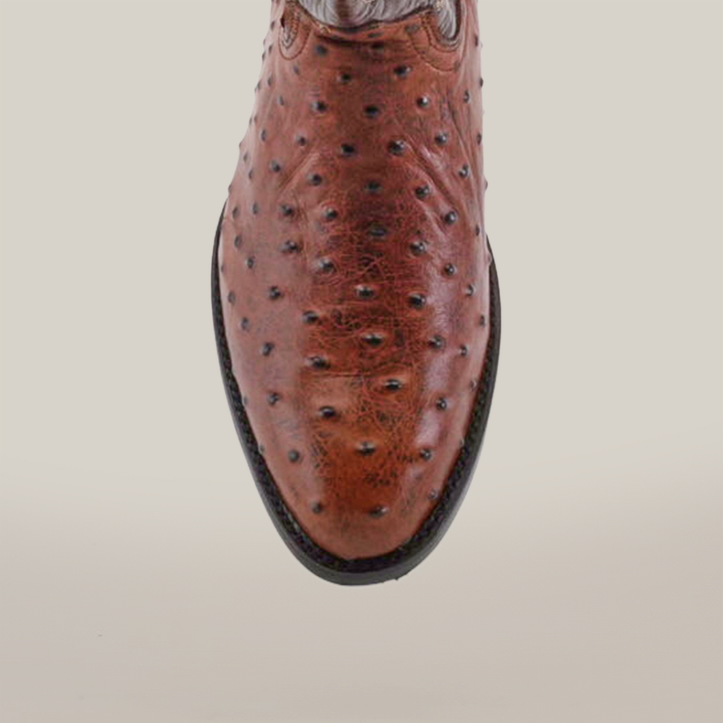 The Karoo Ostrich Print Chocolate - Round Toe boot, showcasing its luxury leather with distinctive texture and dark-edged sole, stands out against a white background.