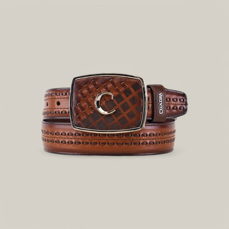 The Maple Laser & Woven Belt - BC243 features premium leather with a perforated strap design, an intricate woven pattern on the buckle, and a laser-engraved metallic C. Displayed elegantly coiled against a plain background.