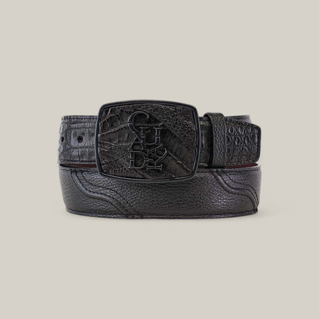 Introducing the Black Caiman Stitching Belt - BC281, a black leather accessory featuring a crocodile skin-like texture and a rectangular laser-engraved buckle, set against a plain light beige backdrop.