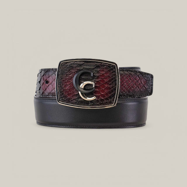 The Black Cherry Python Exotic Strip Belt (BC324) features a textured dark red snakeskin pattern and a large square buckle with a metallic C design on a plain light gray background.