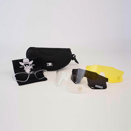 The DR Sport Sunglasses Frost Blue is a modern, interchangeable set with sleek black case. It includes yellow, black, and clear UV-protective lenses and comes with a logo cloth featuring a stylish hat and sunglasses.