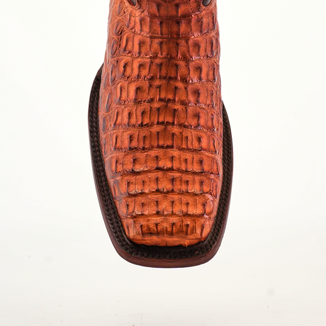 Close-up of an Exotic Caiman Hornback boot in Brandy with a Rodeo toe design, showcasing the detailed texture and stitching of genuine caiman leather. The boot is positioned toe-facing against a white background, highlighting its craftsmanship and elegant leather sole.