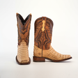 The Exotic Caiman Hornback - Orix - Rodeo Toe boots boast a stylish design with a light beige Caiman Hornback texture on the foot, and premium dark brown leather with detailed stitching on the shaft, all set against a plain white background.