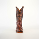 The Exotic Ostrich - Brown - Rodeo Toe boot showcases superior craftsmanship with intricate stitching and patterns on the shaft. The textured design on the toe enhances its artisanal beauty, standing centered on a plain white background.