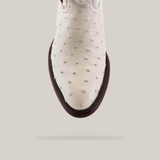 Top view of the Exotic Full Quilt Ostrich in white, featuring a round toe and dark brown sole, centered on a light gray background to highlight its exquisite craftsmanship.