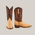 A pair of Exotic Full Quilt Ostrich - Orix - Round Toe cowboy boots with light tan ostrich leather at the base and dark brown quilted upper. Set against a plain background, one boot faces forward and the other is angled to showcase their classic style.