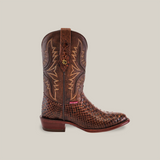 A single brown cowboy boot in exotic python style with detailed shaft stitching and textured leather on the foot, featuring a decorative emblem near the pull tab and a red brand tag by the heel. The boot is named Exotic Python - Brown - Round Toe against a plain light background.