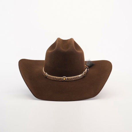 The 6X Doble SS Brown cowboy hat, made from premium sheeps wool, features a wide brim and decorative band with a star emblem, representing classic Western style on a plain white background.