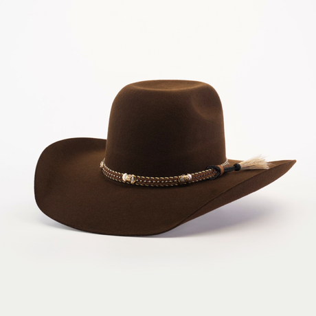 The 6X Brazil Brown is a felt hat with a Western flair, featuring a wide brim and a decorative band with beads and tassel, set against a plain white background.