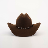 The 6X Dallas Brown is a sheep wool cowboy hat with a wide brim and Metallic accented band, exuding Western sophistication on a neutral white background.