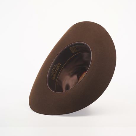 The 6X 2 Carnales Brown felt hat, made from premium sheep wool, boasts a rounded crown and wide brim. Displayed on its side against a white background, it reveals the inner lining with a logo and ribbon trim—a standout piece of western headwear.