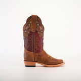 The Grecas Orix - Square Toe boot features premium brown leather, intricate stitching, floral embroidery on the shaft, and a blend of brown and maroon shades for a stylish look. It is paired with a wooden heel and pointed toe, set against a plain white background.