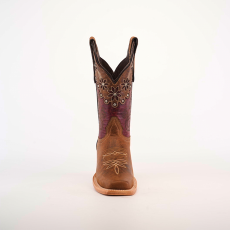 The Grecas Orix - Square Toe boot combines fashion and functionality with a premium leather design, brown lower, and purple embroidered upper adorned with floral patterns. This stylish boot features convenient pull straps, ideal for girls collections. Displayed on a white background.