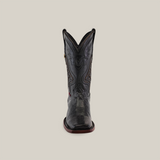 Front view of the Exotic Lizard - Black - Rodeo Toe boot on a neutral background, highlighting its intricate stitching and patterns. The boot features a pointed rodeo toe design and a mid-height shaft, showcasing handcrafted lizard leather craftsmanship.