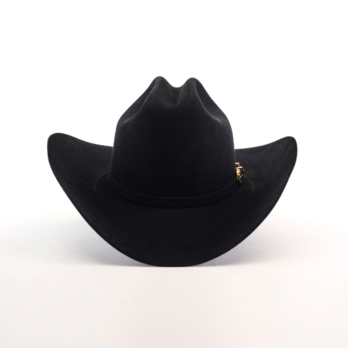 Set against a white backdrop, the 5X Dorado Black cowboy hat by Milano Hat Co. features a wide brim and is made from premium wild rabbit and beaver fur felt. A small golden emblem decorates the band on the right, adding elegance to this western headpiece.