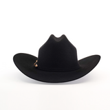 The 1000X Imperial Black hat showcases a wide brim and high creased crown, adorned with a subtle decorative band, embodying the quintessential Western style against a plain white background.