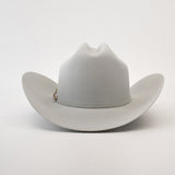 The 1000X Imperial Platinum is a light gray western hat with a wide brim and subtle decoration on the band, crafted in Larry Mahan 1000x quality and elegantly presented against a plain white background.