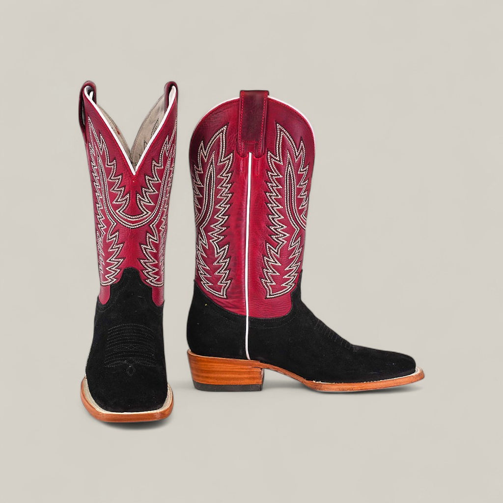 The Colt - Black - Square Toe mens boots feature black suede square toes, red uppers with white zigzag stitching, and light brown wooden heels, shown against a plain light gray background.