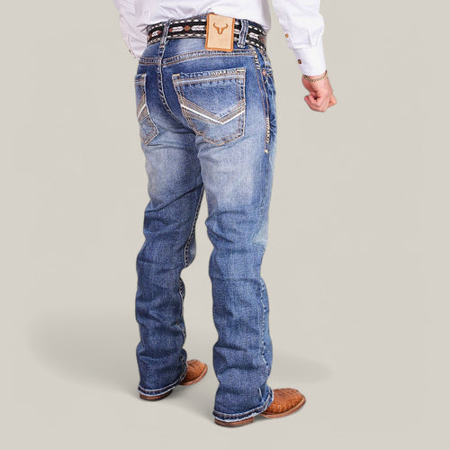 Western Blue Straight Fit Embroidered Jeans - W435