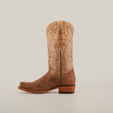 A single Sierra Fawn - Wide Cutter Toe cowboy boot in brown premium cowhide leather stands upright against a plain white background, featuring intricate stitching, a wooden heel, and a pointed toe design.