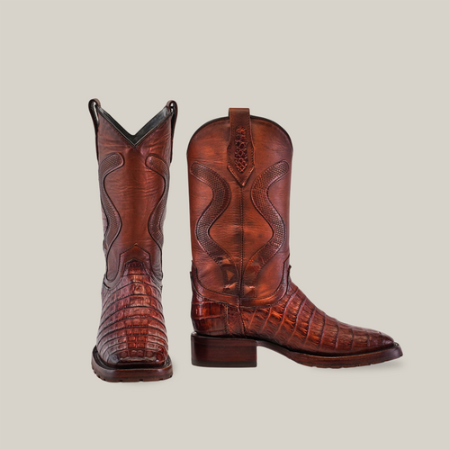 Exotic Caiman Belly Tail - Diamond - Brandy - Double Sole Square Toe