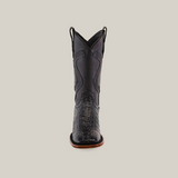 Front view of the Exotic Caiman Tail - Diamond black square toe cowboy boot, featuring a crocodile texture on the foot and detailed stitching on the shaft. Part of the Platinum Collection, displayed against a plain light gray background.