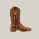 A single brown Exotic Caiman Horn Back boot in antique style, featuring intricate shaft patterns and a textured lower portion. This unique design offers a block heel with a square toe, set against a neutral background.