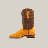 The Exotic Caiman Horn Back - Buttercup- Square Toe boot features vibrant yellow textured caiman leather on the lower part and a dark brown upper with intricate stitching, all set against a light gray background, perfectly capturing the essence of the cowboy lifestyle.