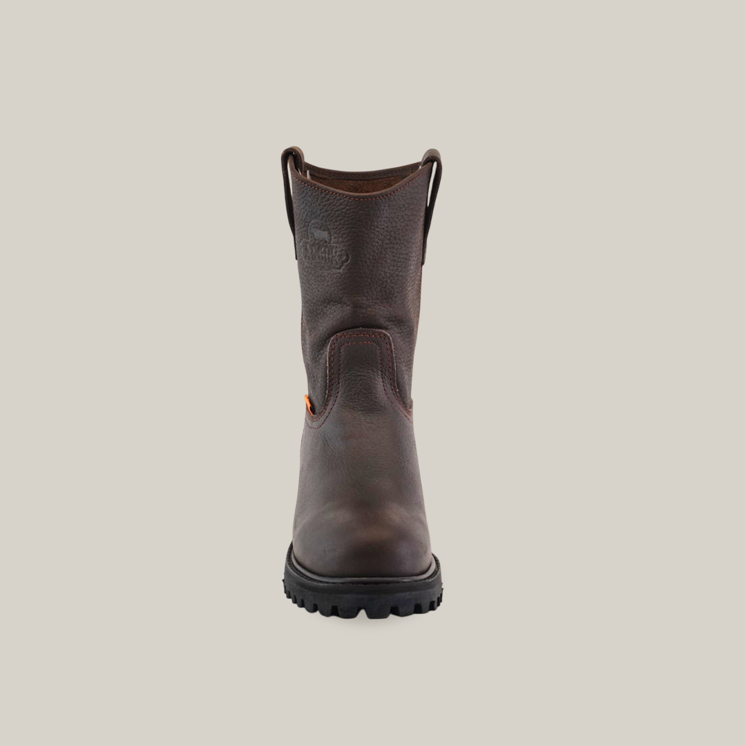 Front view of the Brown Roper - Tractor Sole - Composite Toe boot against a white backdrop. Made from premium cowhide leather, it features textured surfaces, pull-on loops, and a rugged black sole for durability.