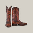 The Over Honey Laser & Embroidery & Woven - Square Toe - CU500 cowboy boots are brown leather with intricate woven patterns and stitching. One boot stands upright, showcasing side details, while the other is posed forward to highlight the elaborate front embroidery.