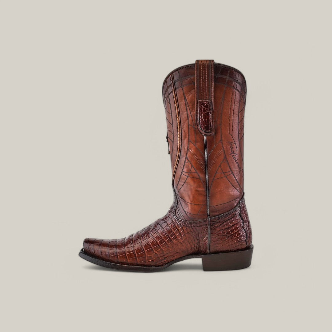 The Brown Moreletii Laser & Embroidery - Narrow Square Toe - CU700 cowboy boot features a brown alligator leather texture, detailed stitching, a low heel, and pull straps, set against a plain light background.